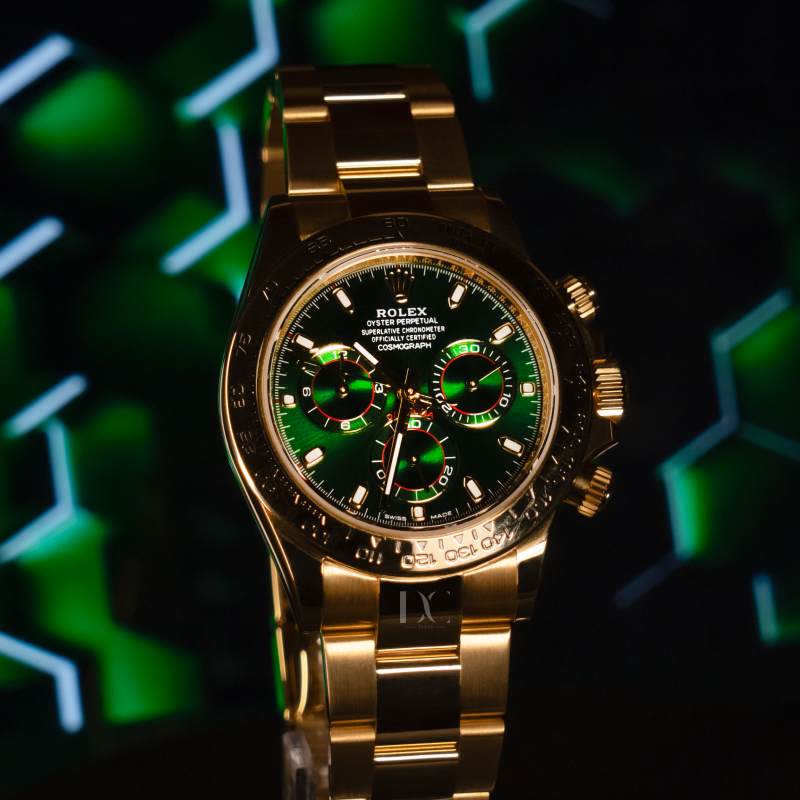 Bust down Rolex Datejust 41 with green Roman numerals, custom iced out bezel, and 18k yellow gold finish | DC-JEWELLERS